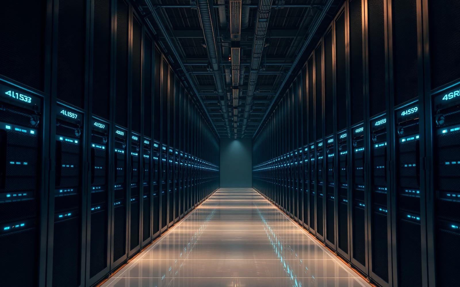 Hyperscale data center hot aisle with illuminated server racks