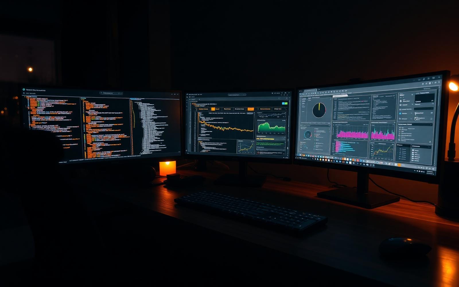 Senior engineer workstation with TypeScript and observability dashboards