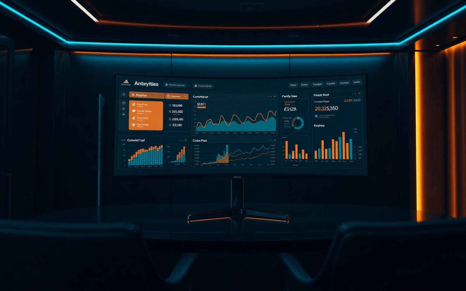 Executive analytics dashboard on a curved display in a dark boardroom